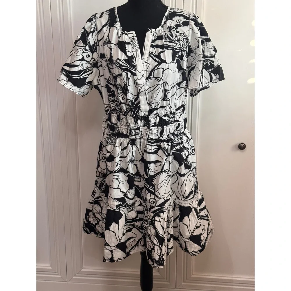 Anthropologie Somerset Dress Black White Floral Smocked Petite XL P Cotton Mini - Picture 2 of 8